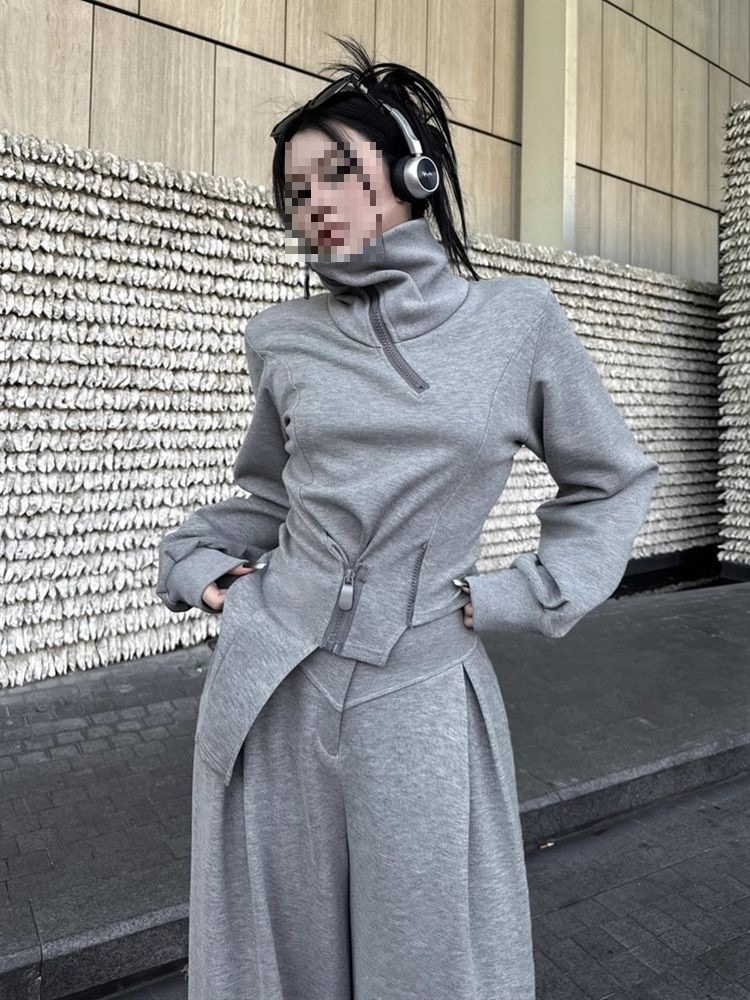 001 Spring And Autumn New Korean Plus Size Niche Design Sports Style Gray Sweatshirt Wide-Leg Pants Set For Women_voghion.com