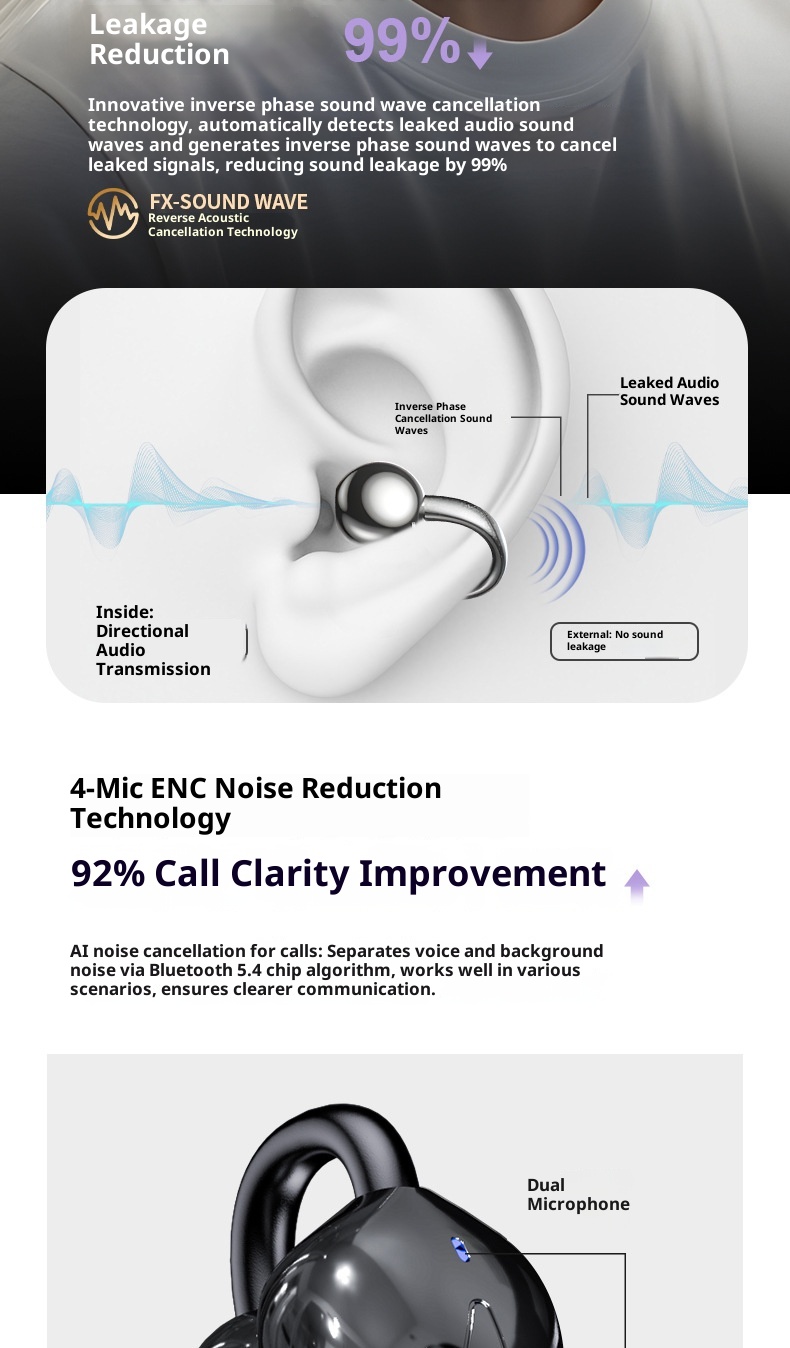 3c Cross-frontal New Cross Conduction Bone Conduction Bluetooth Clip Ear AI Intelligent Translation Wireless Long Battery Life Sports Noise_voghion.com