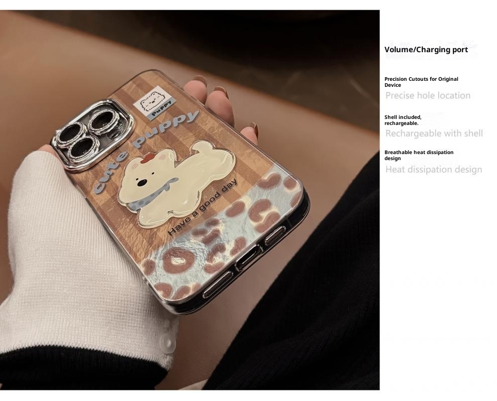 Étui TechGlobe compatible iPhone 16, iPhone 15 Pro Max, coutures apparentes, West Highland, cordon imprimé léopard, paillettes rétro._voghion.com