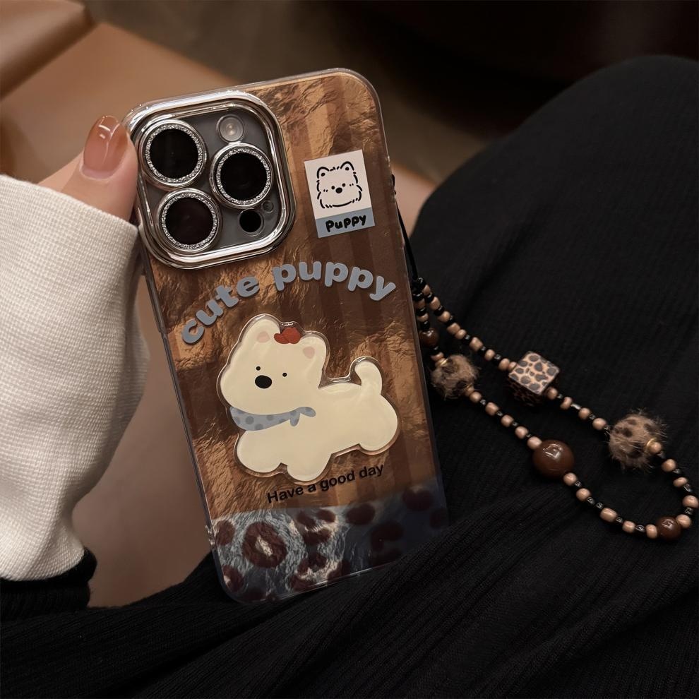 Étui TechGlobe compatible iPhone 16, iPhone 15 Pro Max, coutures apparentes, West Highland, cordon imprimé léopard, paillettes rétro._voghion.com