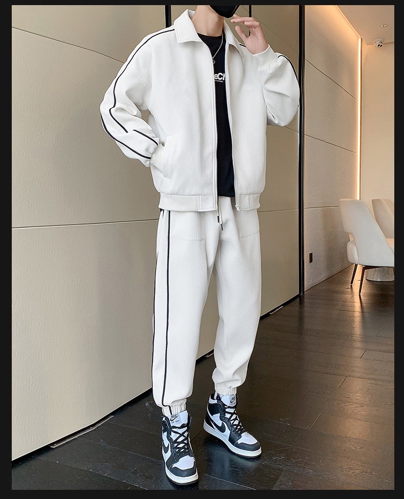 001 3D Men's Spring And Autumn Waffle Grid Casual Sports Suit Lapel Jacket Jogger Pants Two-Piece Set_voghion.com
