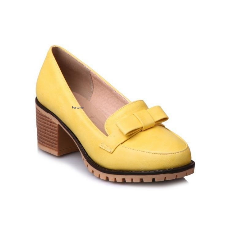 Mocassins com laço, bico redondo, abertura rasa, modelo único, salto médio, estilo europeu e americano, tamanho grande, para mulheres._voghion.com