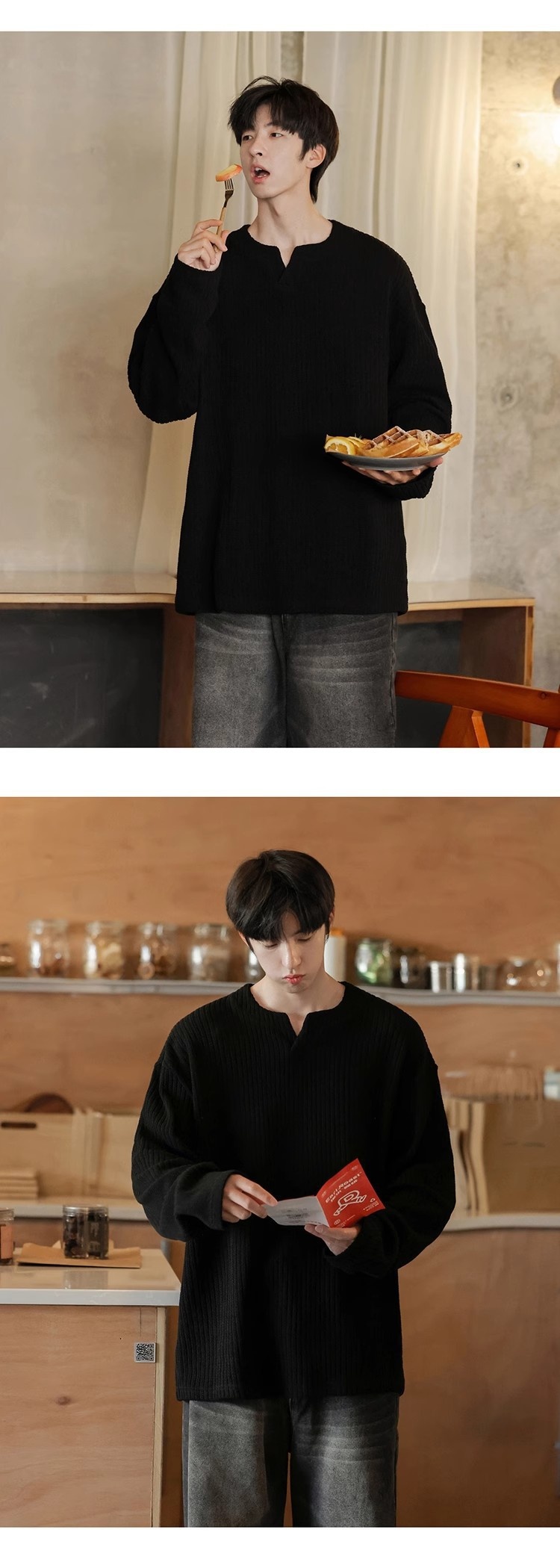 Maglietta a maniche lunghe con scollo a V e trama piccola per uomo, 2025, nuova base interna in stile coreano, stile allentato e pigro, primavera e autunno_voghion.com