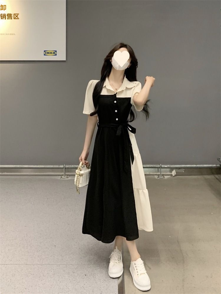 GraceChic Plus Size Color Block Patchwork Two-Piece Shirt Women Summer New For Chubby MM Waist Slimming Hepburn Style Long_voghion.com