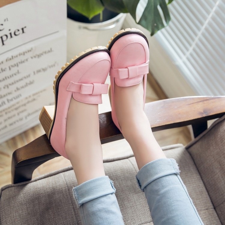 Mocassins com laço, bico redondo, abertura rasa, modelo único, salto médio, estilo europeu e americano, tamanho grande, para mulheres._voghion.com