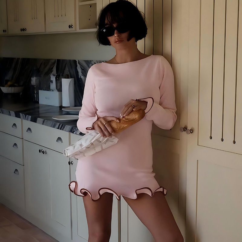 GraceChic Sexy Attillato Corto Orlo Arricciato Maniche Lunghe Maglia Tinta Unita Moda Donna Europea e Americana Esportazione Estiva_voghion.com