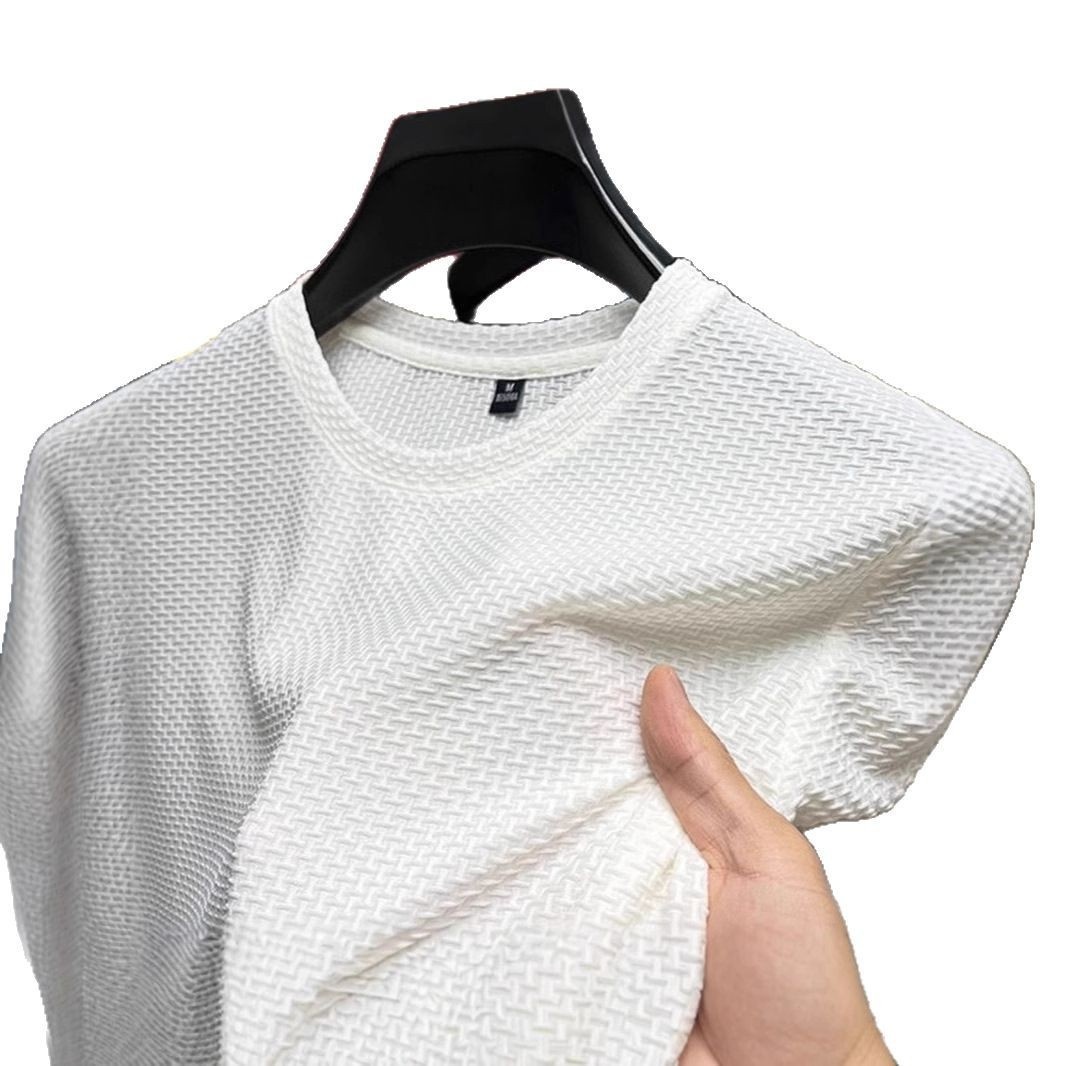 Maglietta da uomo in seta ghiacciata, manica corta, 2025, nuova estate, in jacquard di bambù, traspirante, elasticizzata, versatile_voghion.com