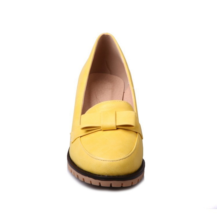 Mocassins com laço, bico redondo, abertura rasa, modelo único, salto médio, estilo europeu e americano, tamanho grande, para mulheres._voghion.com