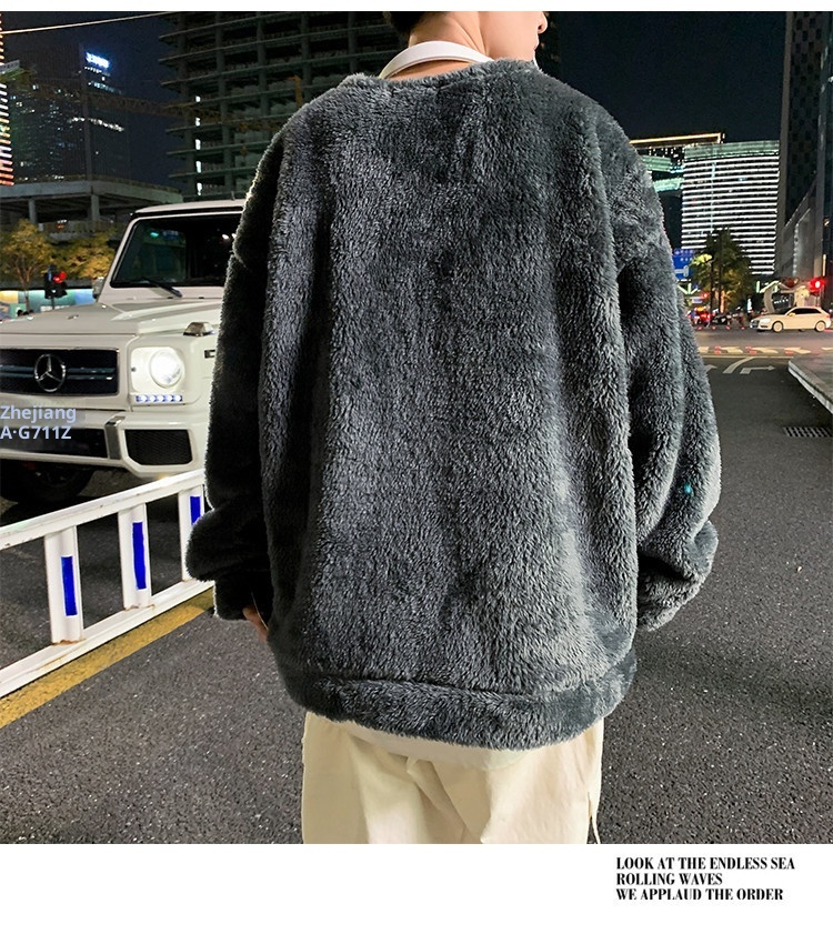 boy Y25Pexrozna Trendy Brand Autumn Winter Couple Lamb Wool Men Fleece Warm Round Neck Sweatshirt Loose Jacket_voghion.com