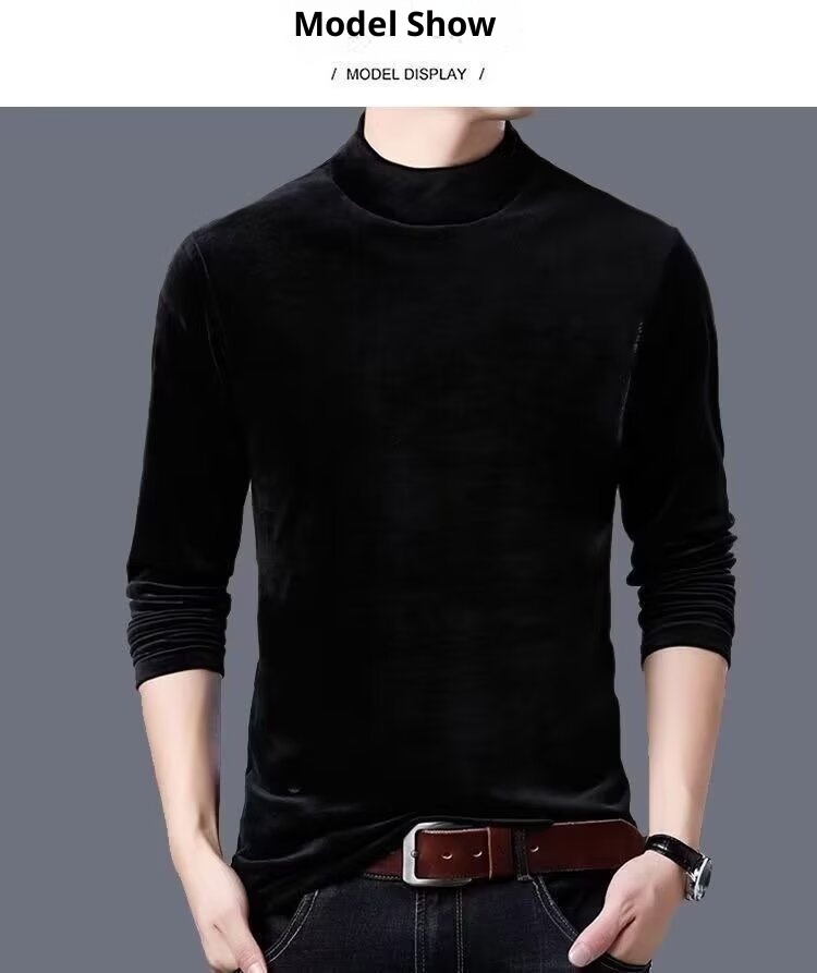 Maglietta a maniche lunghe in velluto, strato di base termico, per autunno e inverno, da uomo, con fodera in pile, spessa e a collo alto_voghion.com