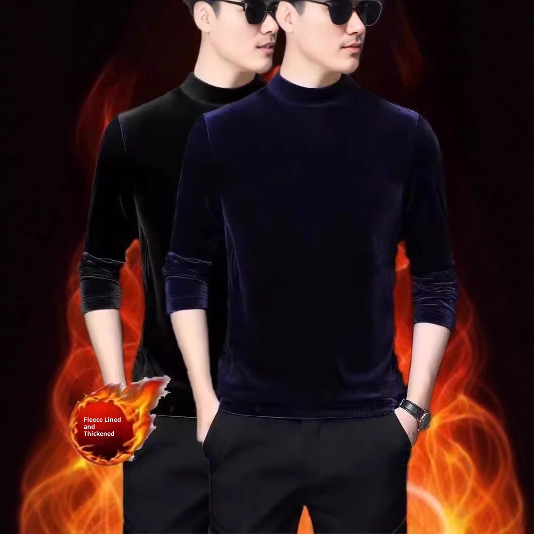 Maglietta a maniche lunghe in velluto, strato di base termico, per autunno e inverno, da uomo, con fodera in pile, spessa e a collo alto_voghion.com