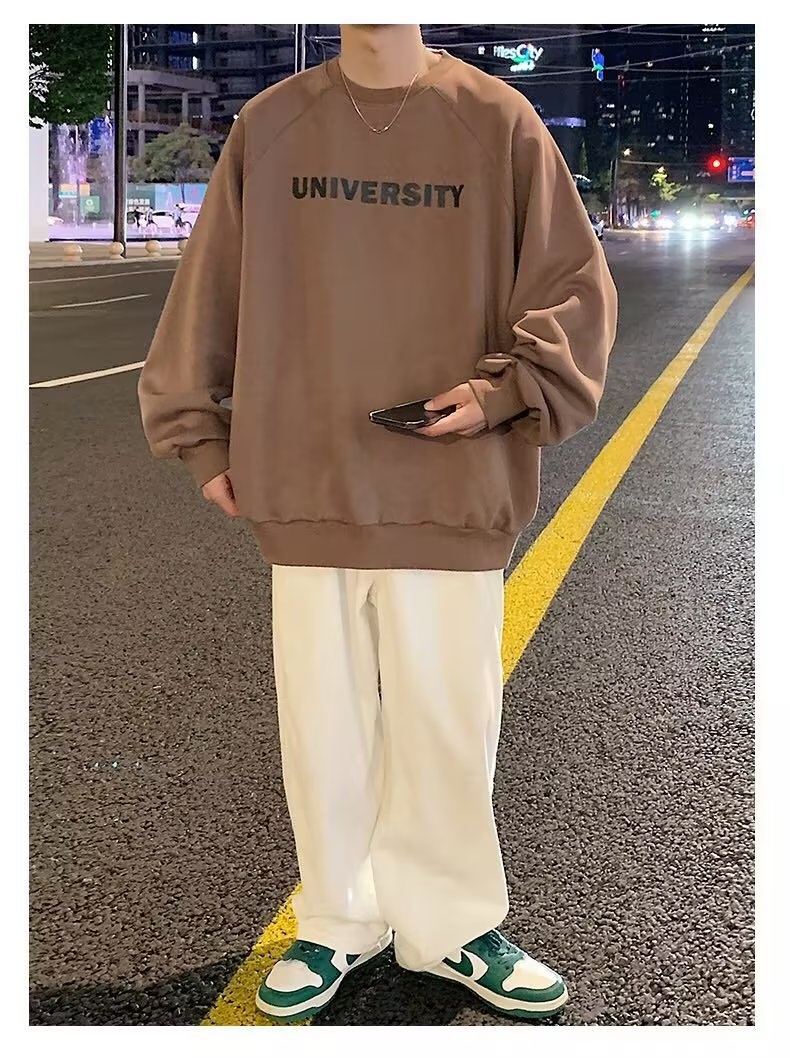 boy Men's Hoodless Crew Neck Zhongshan Sweatshirt Fleece Lined Thickened Autumn Winter Base Shirt Loose Long Sleeve T-Shirt_voghion.com