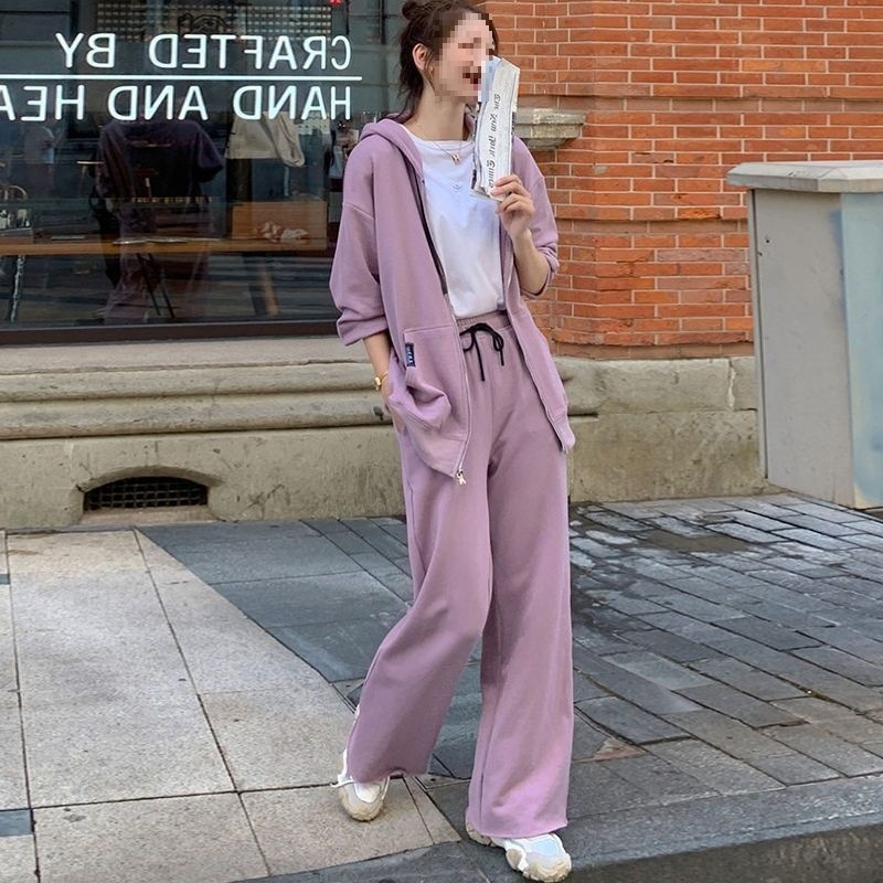 001 Set due pezzi da donna, casual sportivo extra large, primavera-autunno, con felpa e pantaloni a gamba larga_voghion.com