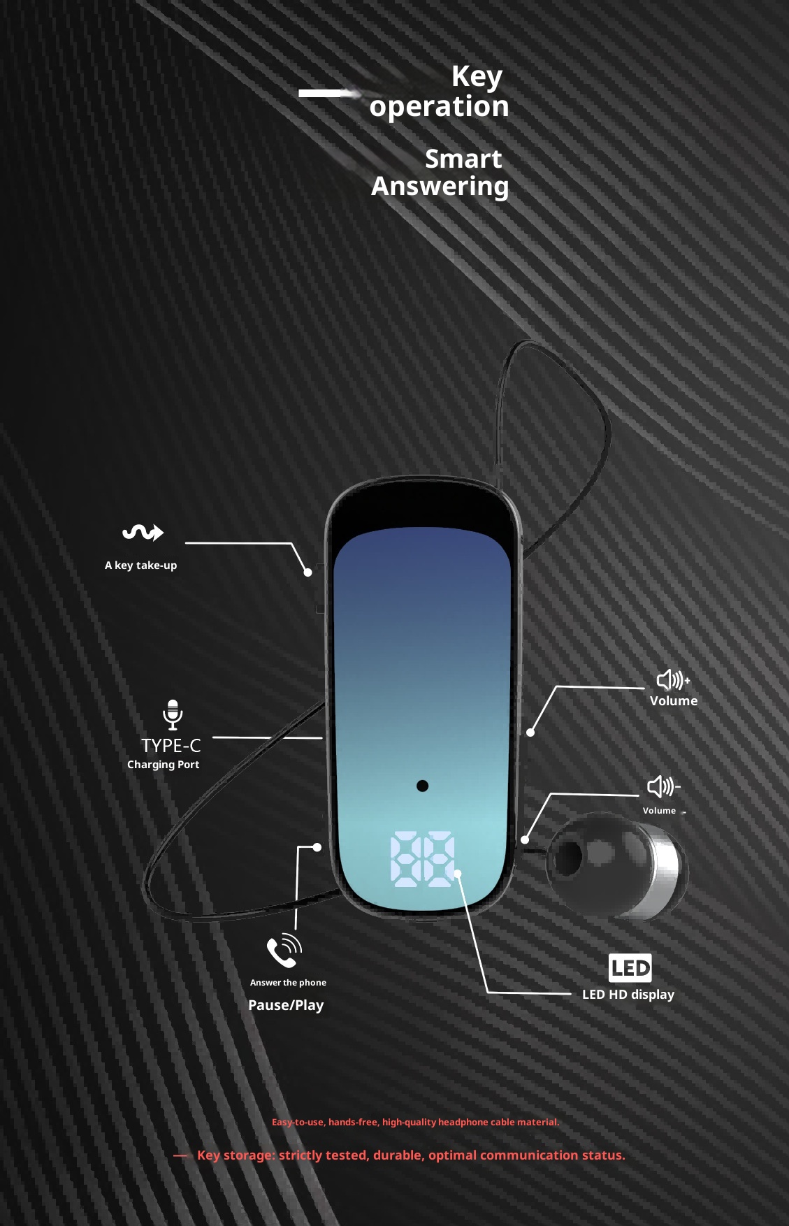 3c K65 New Clip-on Telescopic Cord Bluetooth In-ear Digital Display Long Battery Life Business Single Ear Earphones_voghion.com