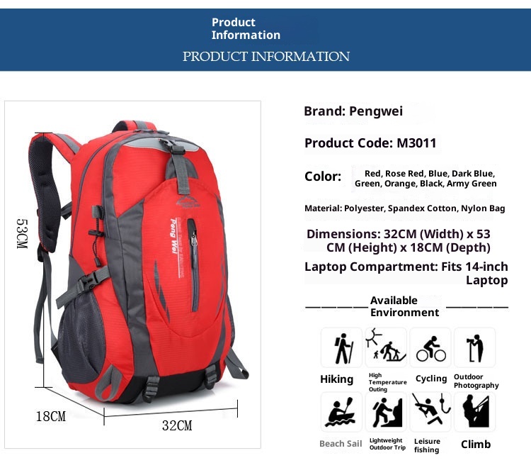 ActiveGo Pengwei Men's Backpack School Outdoor Sports Hiking Bag Water-Resistant Casual Trekking Portable Large Capacity_voghion.com