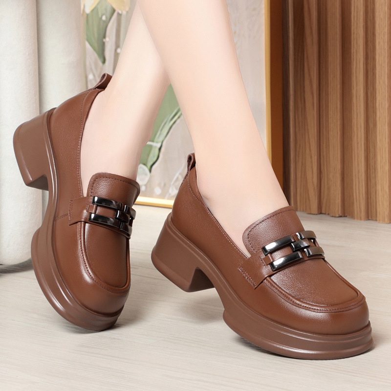 Genuine Thick-Soled Loafers 2024 Spring And Autumn Round-Toe Flat Soft Sole Slip-On Women's Mid-Cut Comfortable Leather_voghion.com