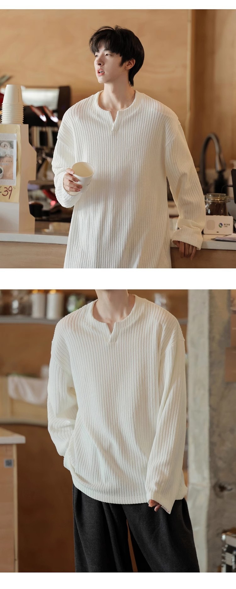 Maglietta a maniche lunghe con scollo a V e trama piccola per uomo, 2025, nuova base interna in stile coreano, stile allentato e pigro, primavera e autunno_voghion.com