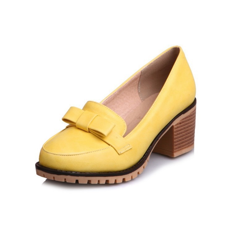 Mocassins com laço, bico redondo, abertura rasa, modelo único, salto médio, estilo europeu e americano, tamanho grande, para mulheres._voghion.com