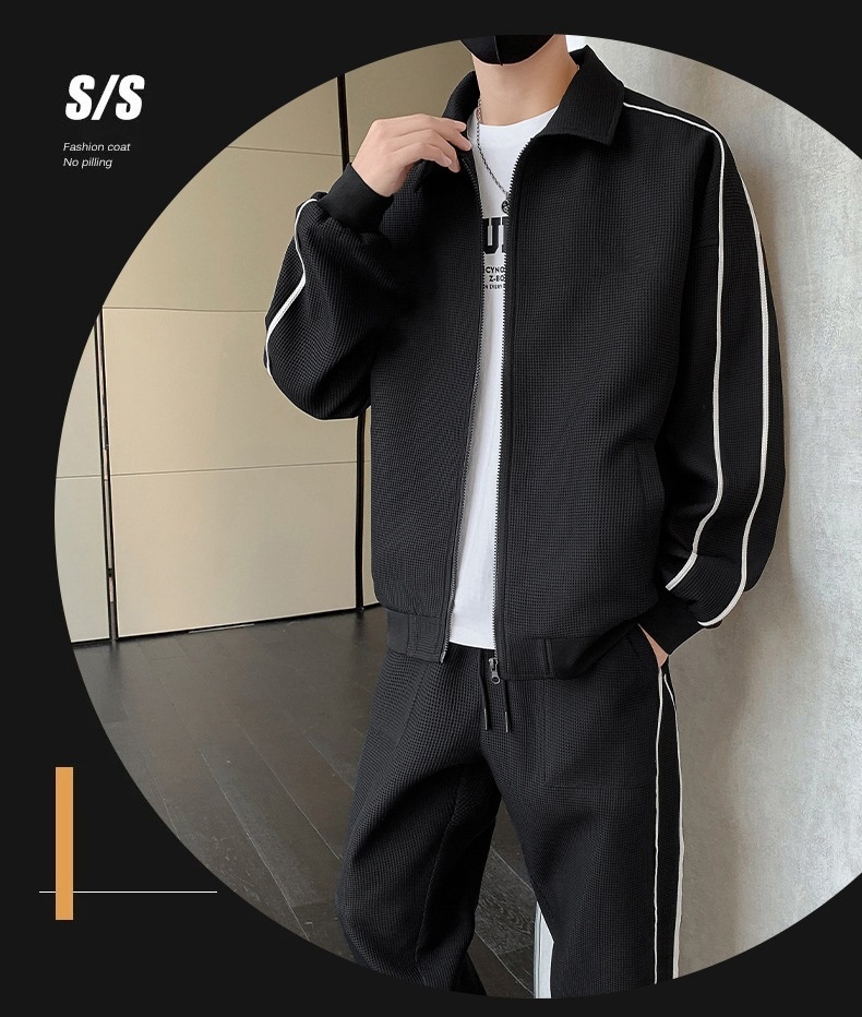 001 3D Men's Spring And Autumn Waffle Grid Casual Sports Suit Lapel Jacket Jogger Pants Two-Piece Set_voghion.com