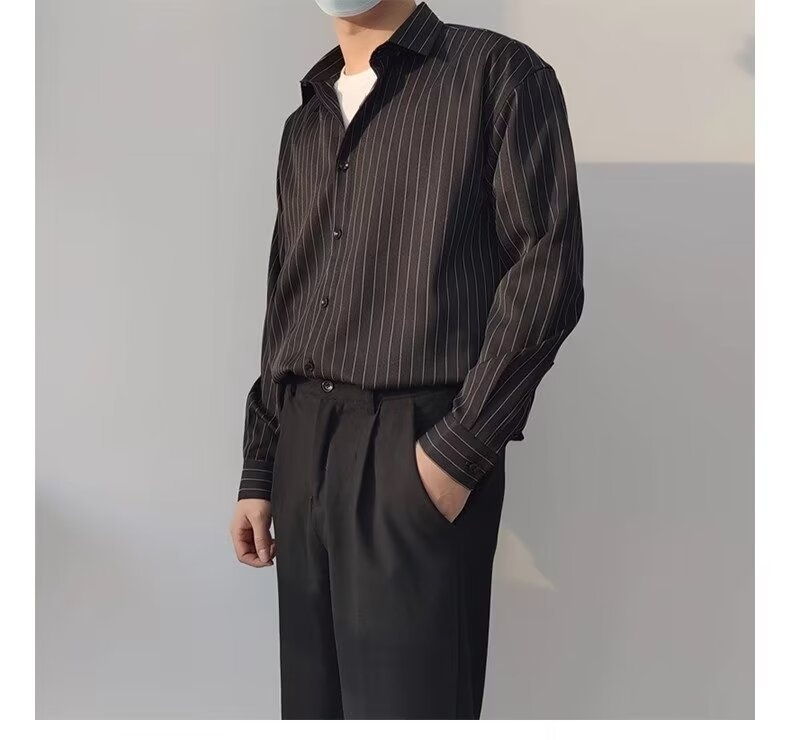 ForMen 2023 Spring Summer High-End Dark Green Striped Men Long Sleeve Loose Silky Non-Iron Casual Shirt Trendy_voghion.com