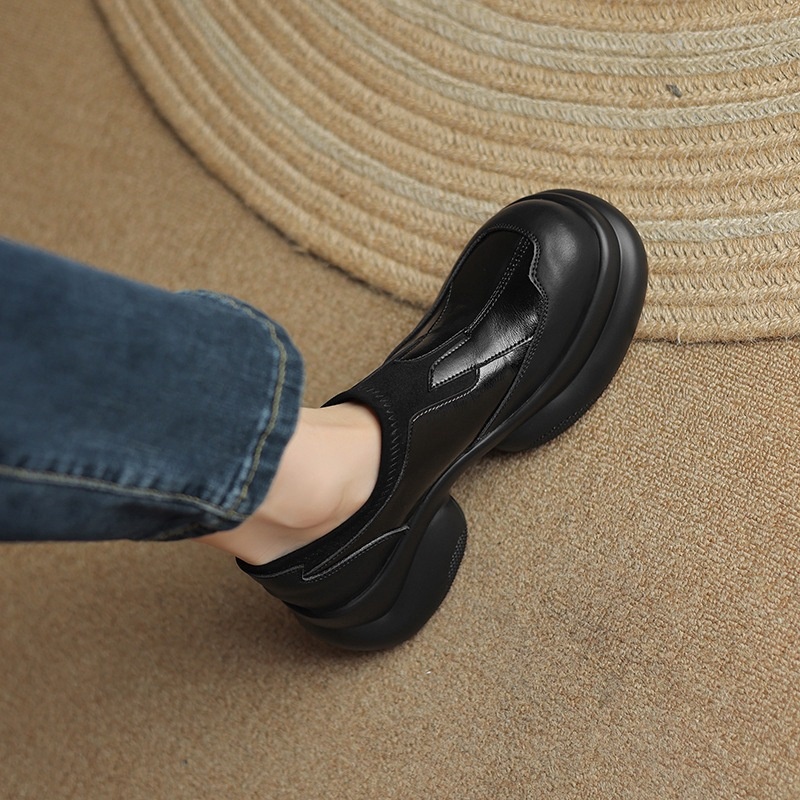 2024 Scarpe da donna in pelle con tacco alto singolo e punta tonda, mocassini con suola spessa e tacco grosso, stile britannico, primavera autunno_voghion.com