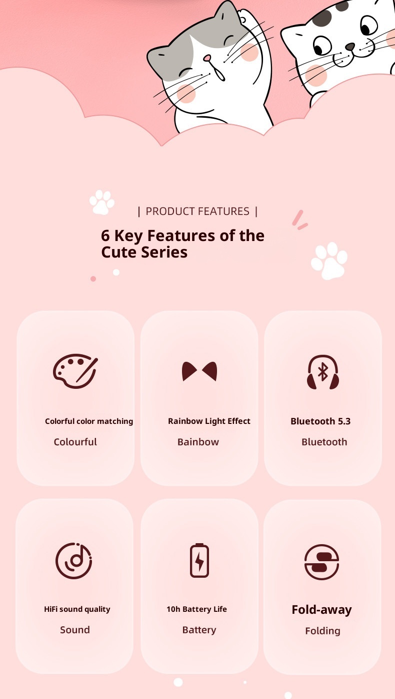 3c Cat Ear Bluetooth Headphones Over-Ear Compatible With Huawei And Wireless Sports Running Gaming Headset 5.3_voghion.com