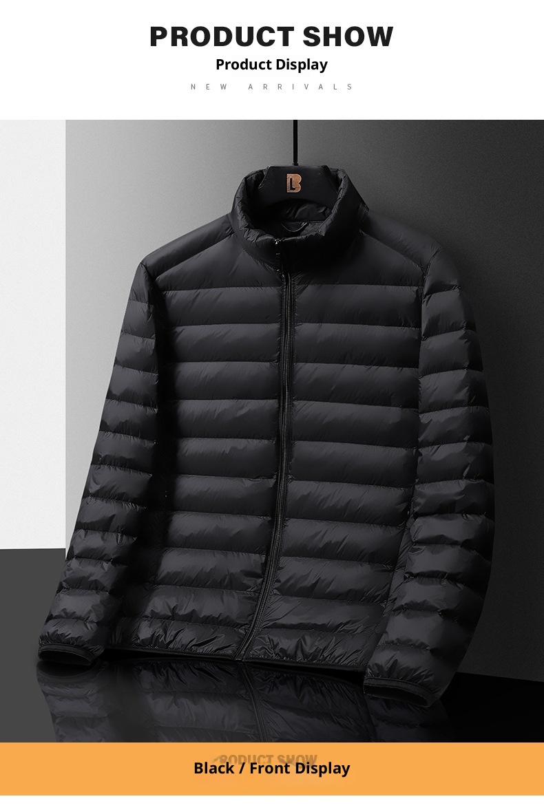 boy Stand Collar Hooded Jacket For Men, Lightweight Autumn And Thin Warm Clothing, Off-Season Winter Wear, White Duck Down_voghion.com