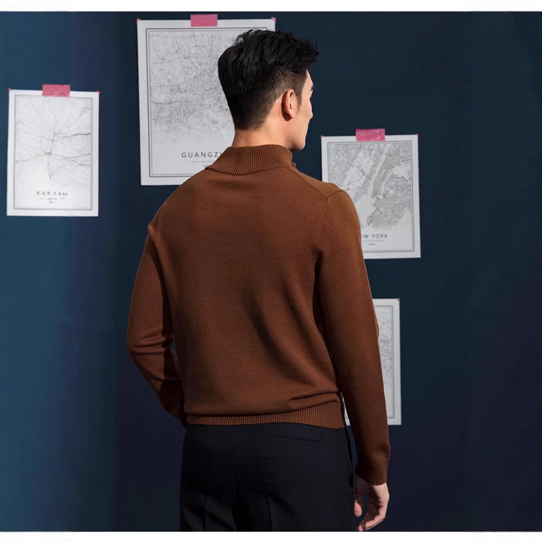 Neuer Herrenpullover für Frühling und Herbst, langärmelig, lässig, mit Stehkragen, halbem Reißverschluss, schmal geschnitten, Strickmode, figurschmeichelnd_voghion.com