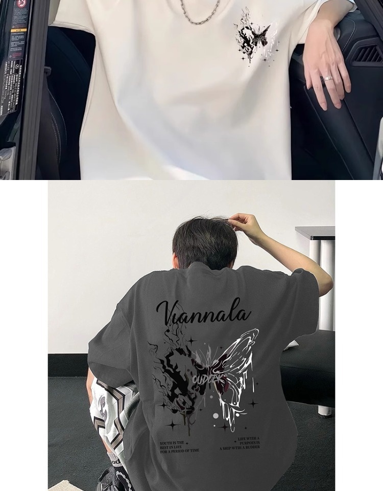 boy Boy Trendy Brand Cool Style T-Shirt For Men High-End Summer Cotton Butterfly Short American High Street Niche Five-Quarter_voghion.com