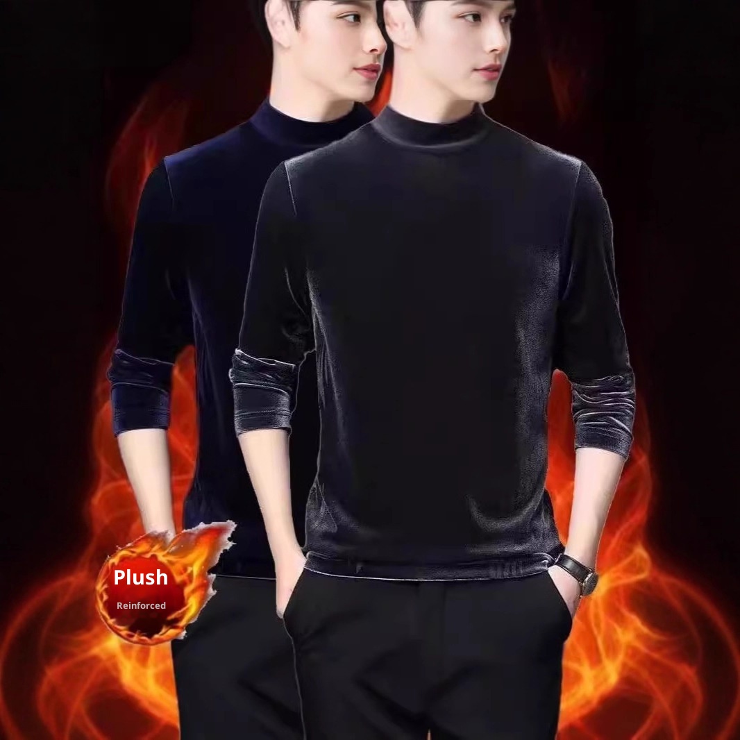 Maglietta a maniche lunghe in velluto, strato di base termico, per autunno e inverno, da uomo, con fodera in pile, spessa e a collo alto_voghion.com