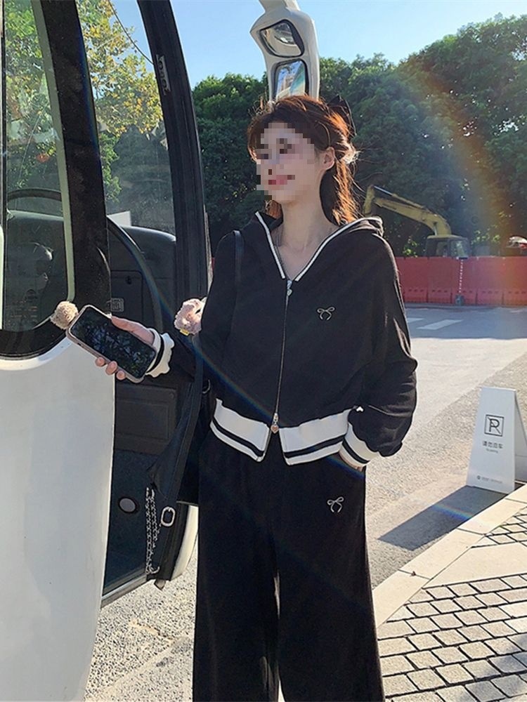 001 Modieus sportpak voor dames, lente en herfst, Koreaanse stijl, losse hoodie met capuchon, casual tweedelig setje_voghion.com
