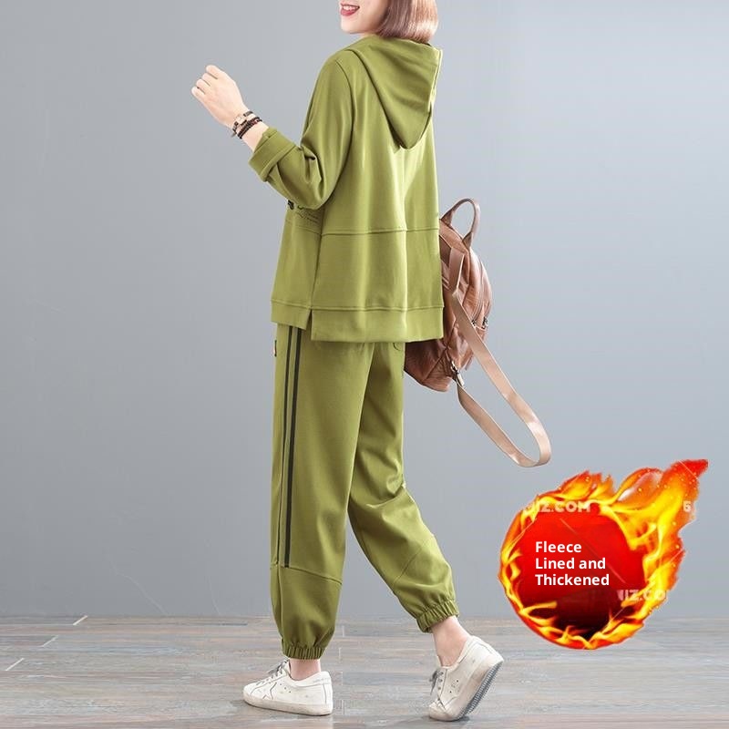 001 Autumn Winter New Fleece-Lined Thickened Korean Style Plus Size Concealing Sports Two-Piece Hooded Casual Fashion Set_voghion.com
