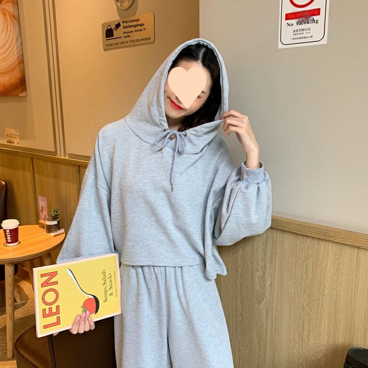 001 2025 Primavera e autunno stile coreano da donna sportivo casual felpa con cappuccio a maniche lunghe pantaloni larghi gamba moda_voghion.com
