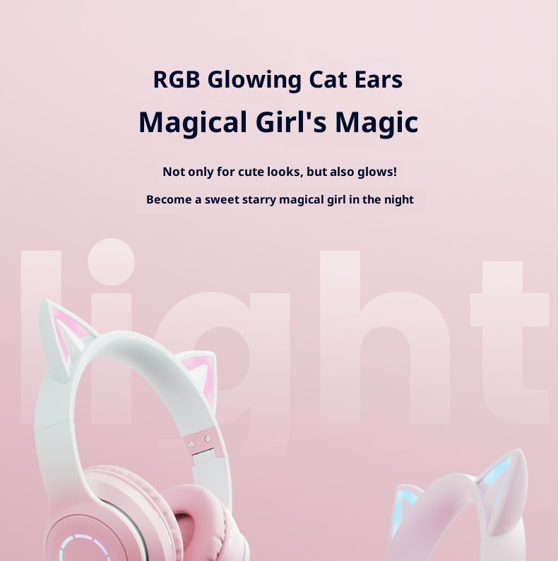 Auriculares inalámbricos Bluetooth 3c con orejas de gato, ideales para juegos, con luz, diseño degradado de color, compatibles con teléfono y ordenador._voghion.com