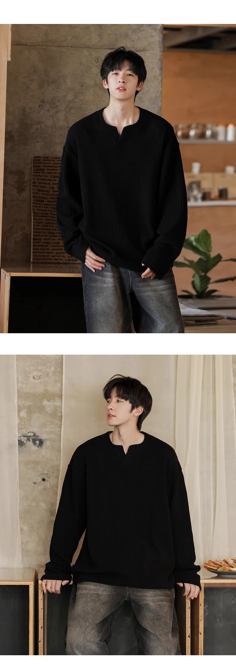 Maglietta a maniche lunghe con scollo a V e trama piccola per uomo, 2025, nuova base interna in stile coreano, stile allentato e pigro, primavera e autunno_voghion.com