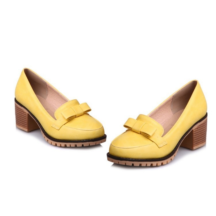 Mocassins com laço, bico redondo, abertura rasa, modelo único, salto médio, estilo europeu e americano, tamanho grande, para mulheres._voghion.com