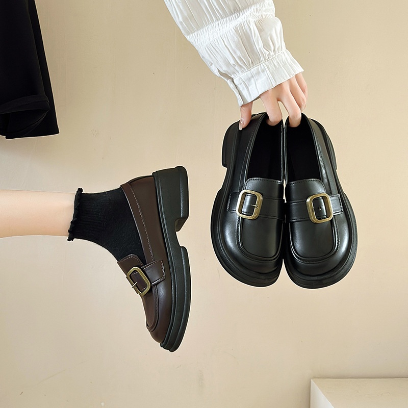 Herfst Nieuwe Zwarte Leren Instappers Voor Dames Dikke Zolen Mary Jane Schoenen_voghion.com