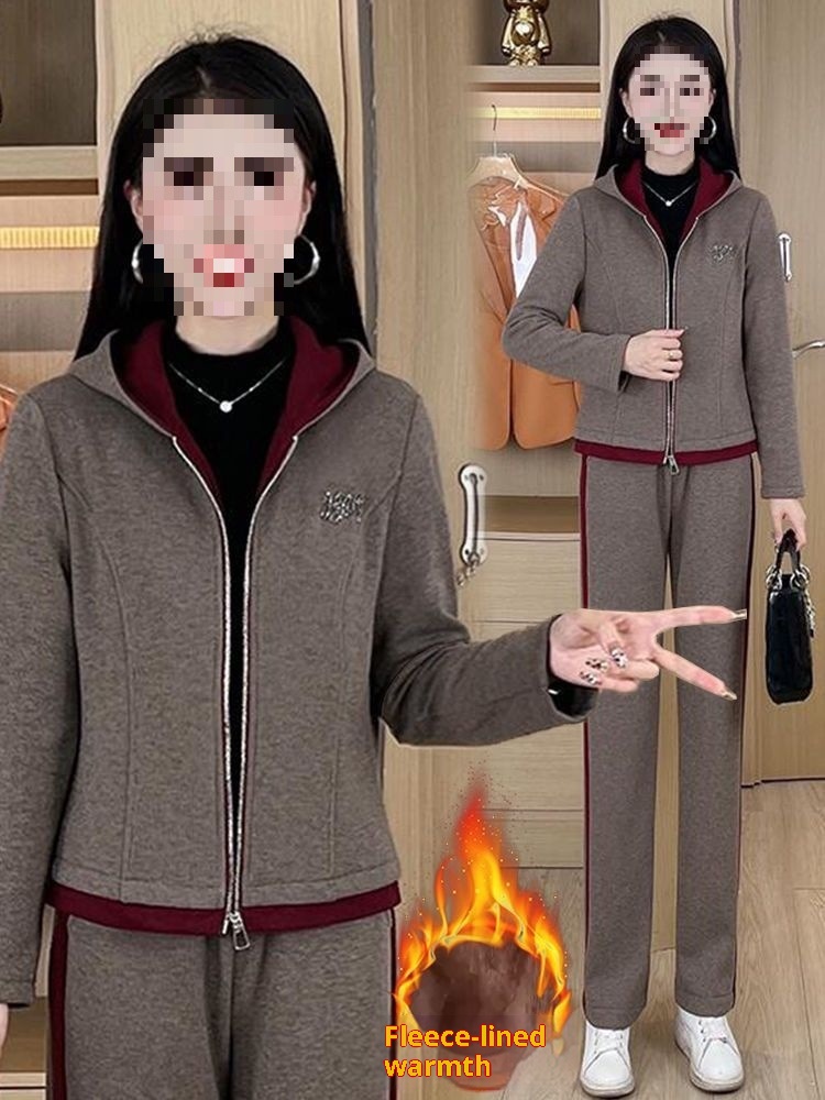 001 Autumn Winter New Fashionable Elegant Casual Sports Loose Slimming Fleece Thickened Two-Piece Women's Set_voghion.com