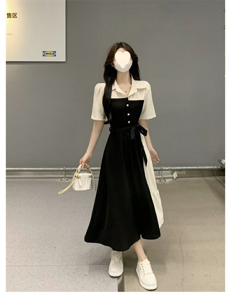 GraceChic Plus Size Color Block Patchwork Two-Piece Shirt Women Summer New For Chubby MM Waist Slimming Hepburn Style Long_voghion.com