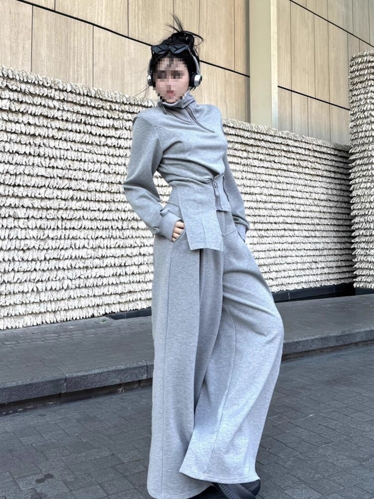 001 Spring And Autumn New Korean Plus Size Niche Design Sports Style Gray Sweatshirt Wide-Leg Pants Set For Women_voghion.com