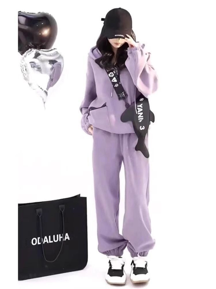 001 Purple Tracksuit Women, Autumn Winter New Loose Slimming Sweatshirt And Sweatpants, Fashionable Casual Two-Piece Set For_voghion.com
