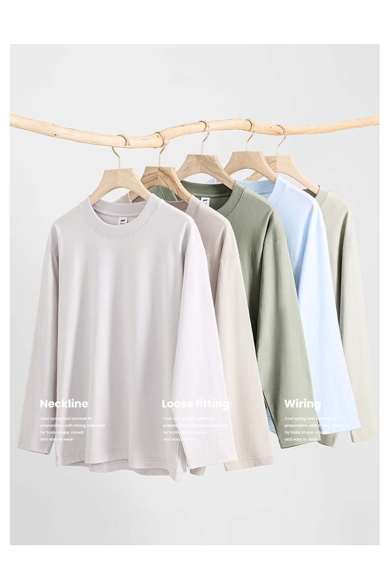 Boy Boy 230g Sonbahar Xinjiang Penye Pamuklu Ağır Sıklet Yuvarlak Yaka Düz Renk Uzun Kollu Erkek Tişörtü Bol Tabanlı Gömlek Bir_voghion.com