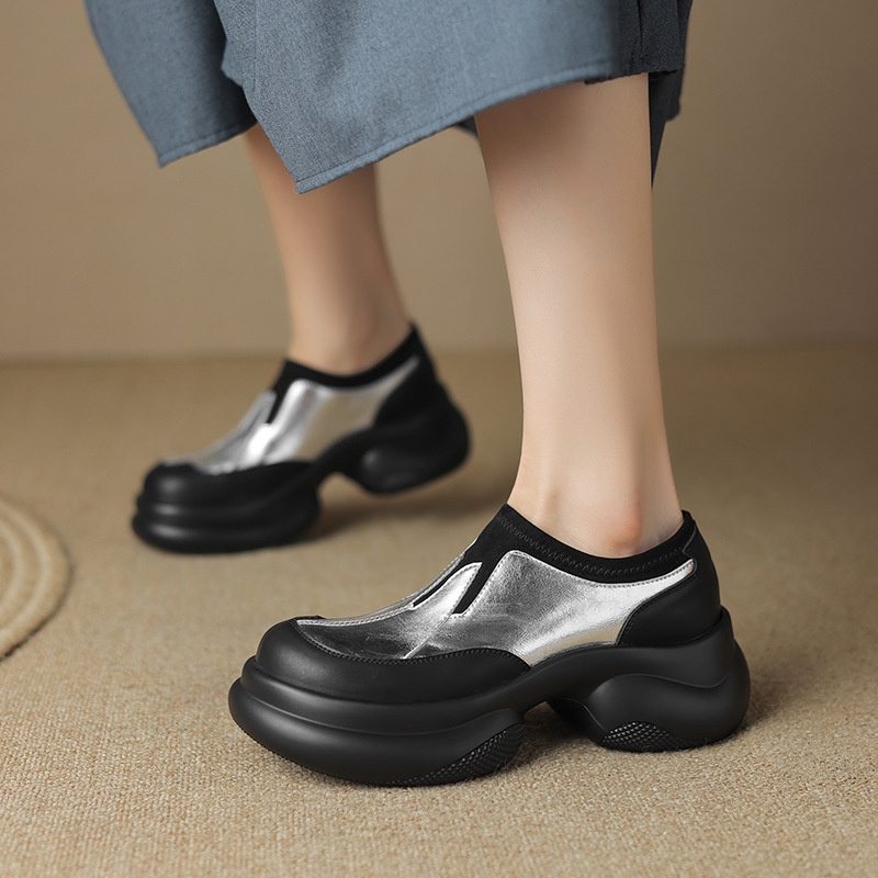 2024 Scarpe da donna in pelle con tacco alto singolo e punta tonda, mocassini con suola spessa e tacco grosso, stile britannico, primavera autunno_voghion.com