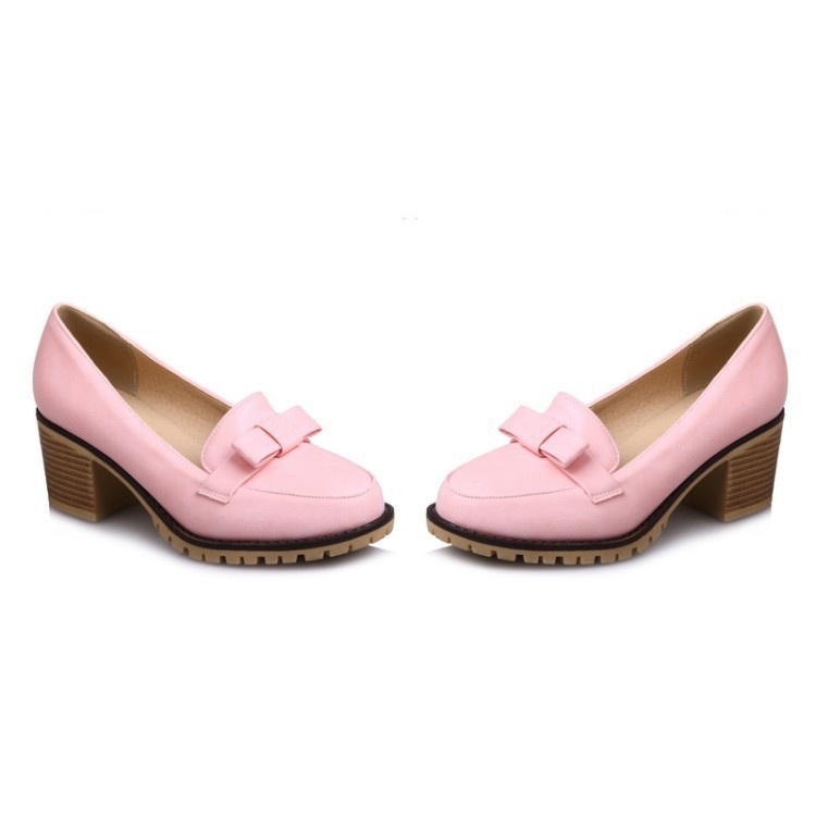 Mocassins com laço, bico redondo, abertura rasa, modelo único, salto médio, estilo europeu e americano, tamanho grande, para mulheres._voghion.com