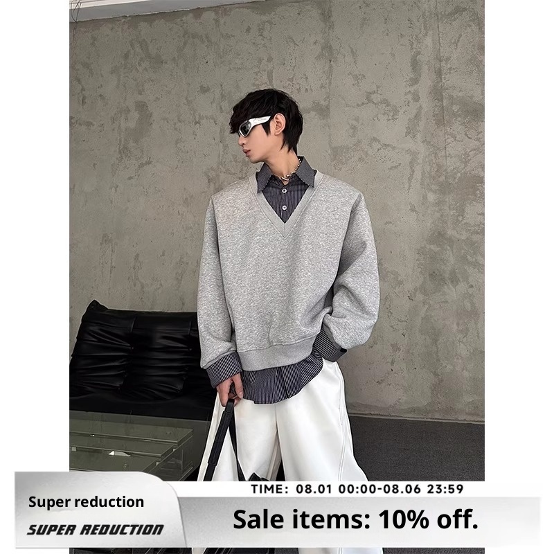boy Boy Autumn Winter Niche Design Two-Piece Patchwork Sweatshirt Men's Korean Style Solid Color Versatile Loose Top_voghion.com