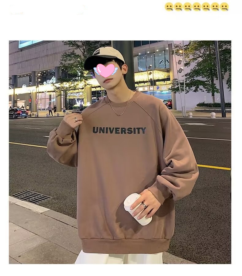 boy Men's Hoodless Crew Neck Zhongshan Sweatshirt Fleece Lined Thickened Autumn Winter Base Shirt Loose Long Sleeve T-Shirt_voghion.com