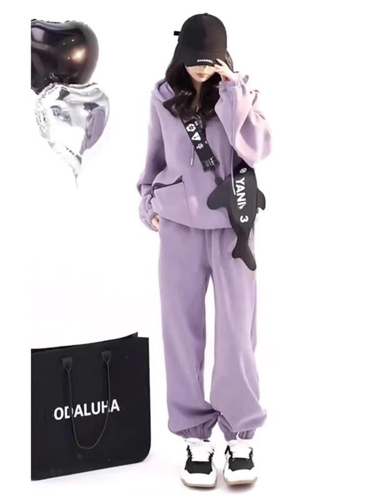 001 Purple Tracksuit Women, Autumn Winter New Loose Slimming Sweatshirt And Sweatpants, Fashionable Casual Two-Piece Set For_voghion.com