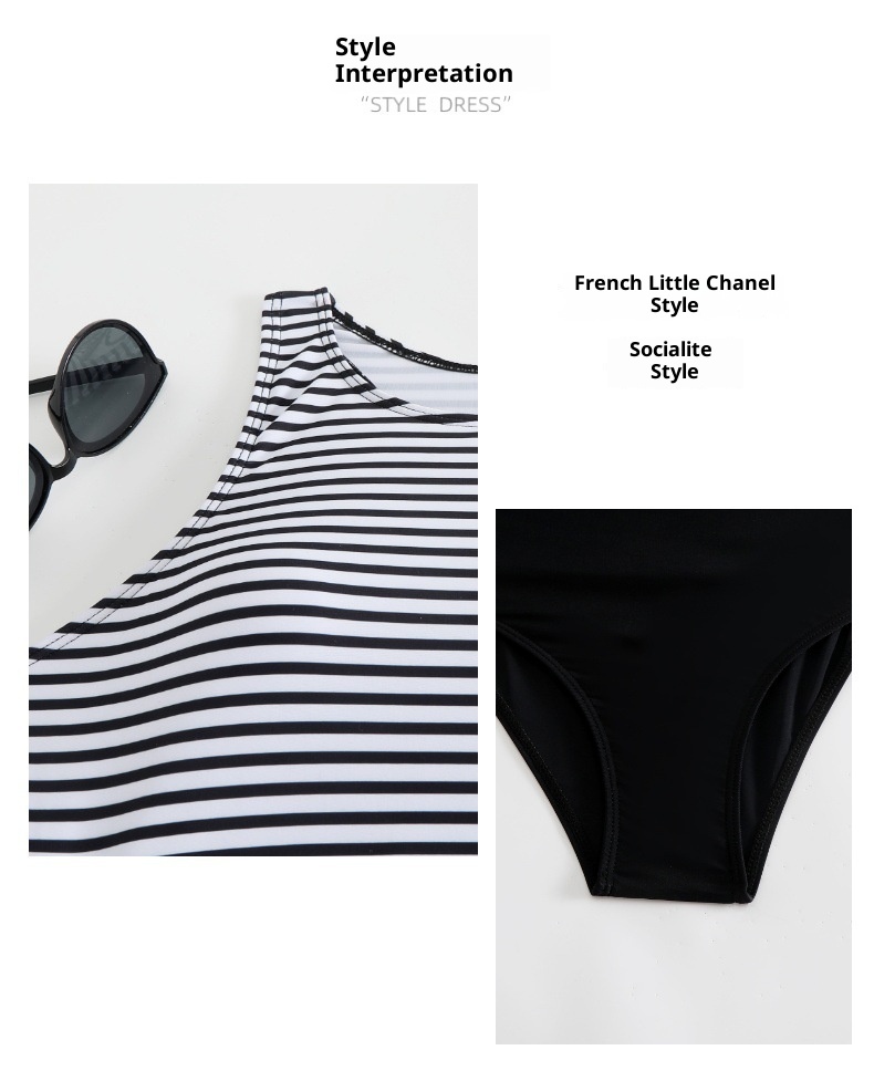 GraceChic Women's Two-Piece High-End Feel Tummy-Covering Striped Swimsuit Conservative High-Waist Bikini European And American_voghion.com