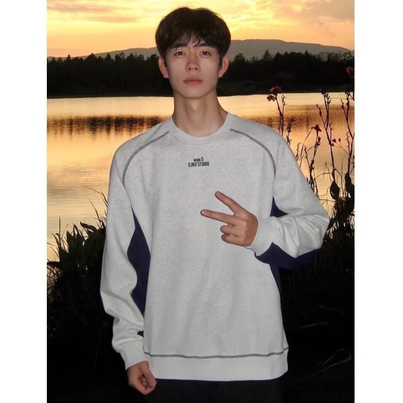 boy New Style Patchwork Navy Blue Crew Neck Fleece Sweatshirt Autumn Winter American Heavyweight Long Sleeve Men's Hoodless_voghion.com