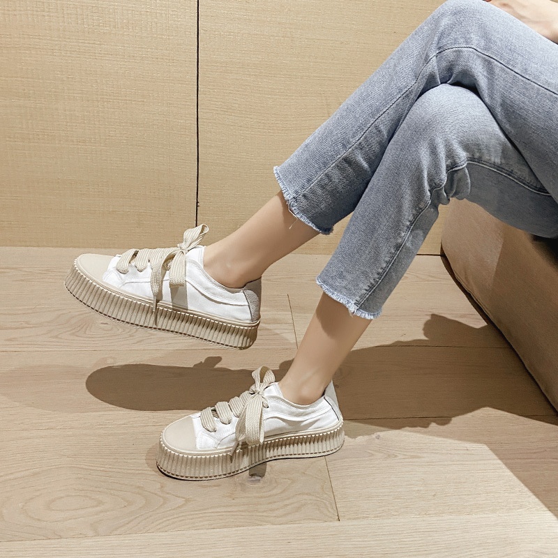 Versione in pelle di pecora, tela di raso spagnola per donna, suola spessa, altezza crescente, casual, versatile, con lacci, bianco per studenti_voghion.com